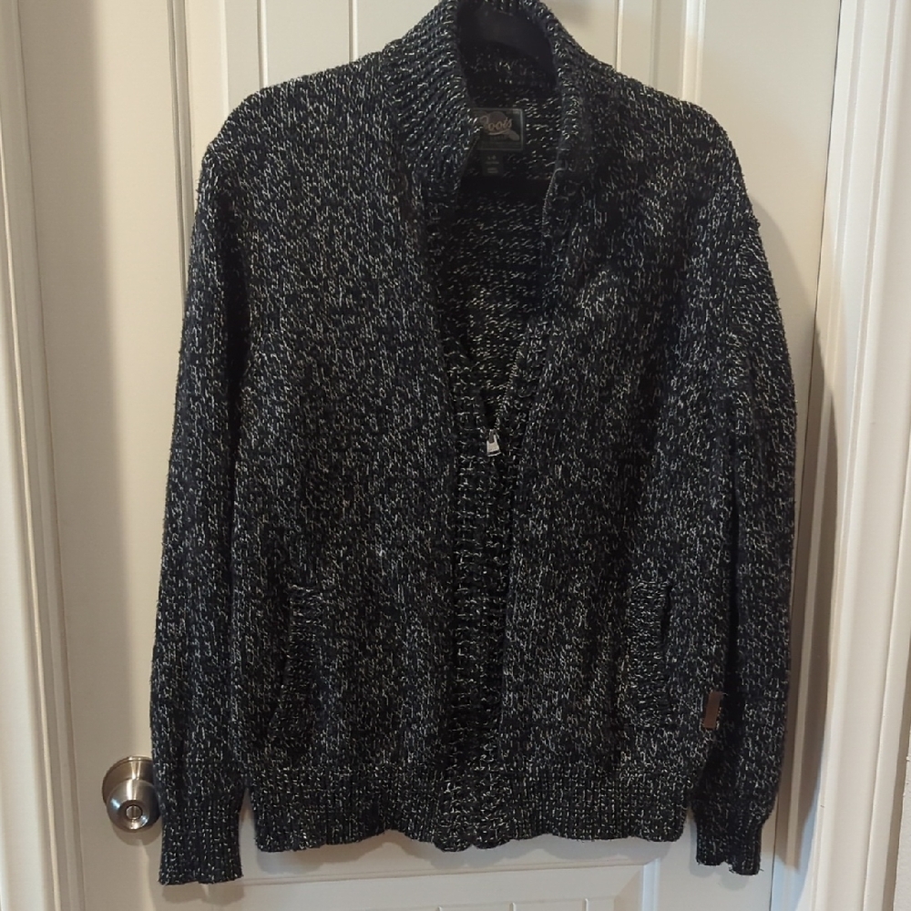 Roots Black and White Knit Full Zip Sweater